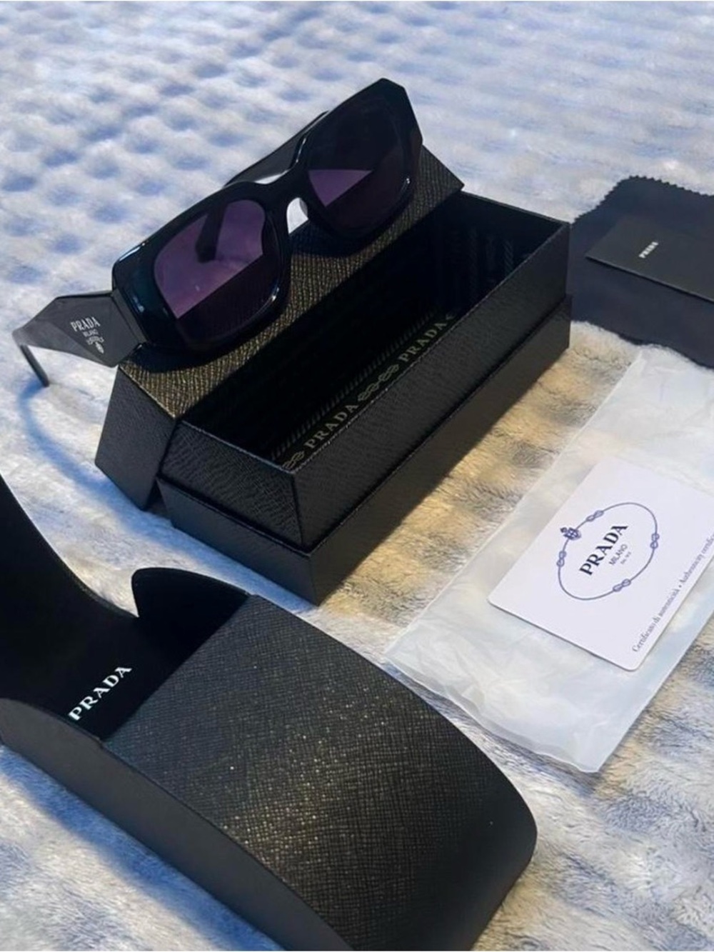 Prada Women’s Black Rectangular Sunglasses with Logo Accent - Picture 4 of 5